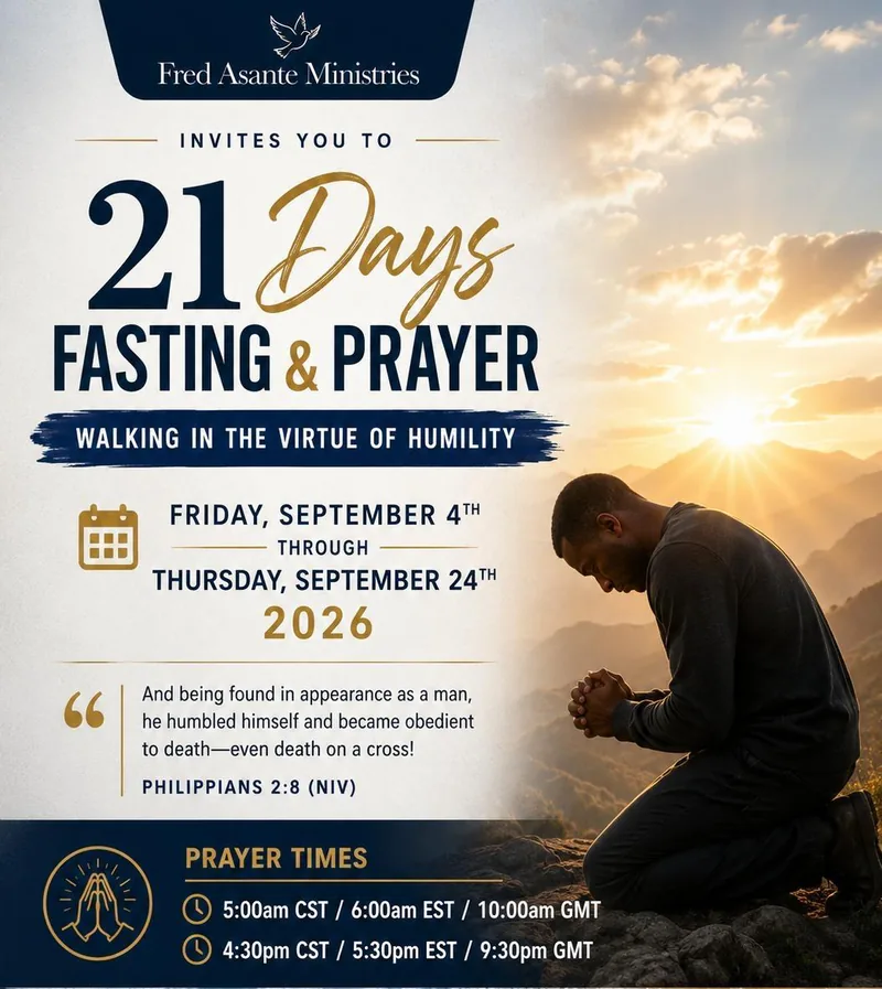 Flyer: 21 Days of Fasting and Prayer, Walking in the virtue of humility, 4 to 24 September 2026, prayer at 6:00 AM and 5:30 PM Eastern