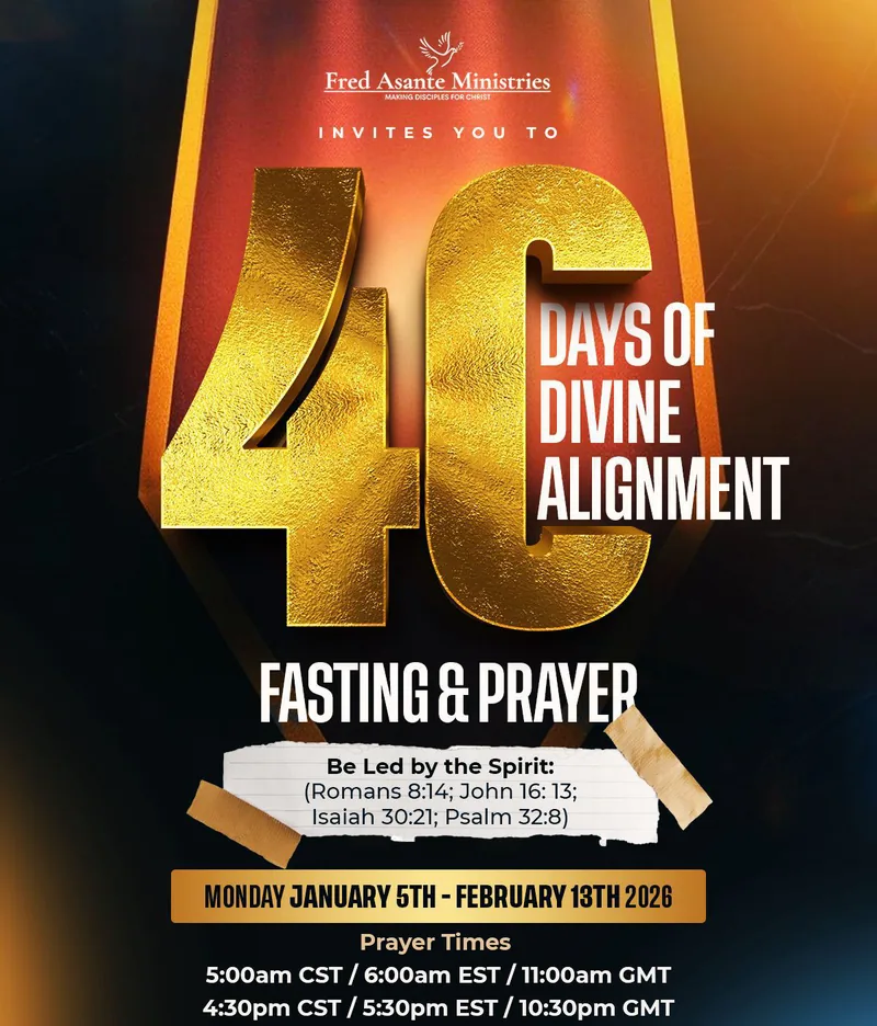 Flyer: 40 Days of Divine Alignment, fasting and prayer, Monday 5 January to 13 February 2026, Be led by the Spirit, prayer at 6:00 AM and 5:30 PM Eastern