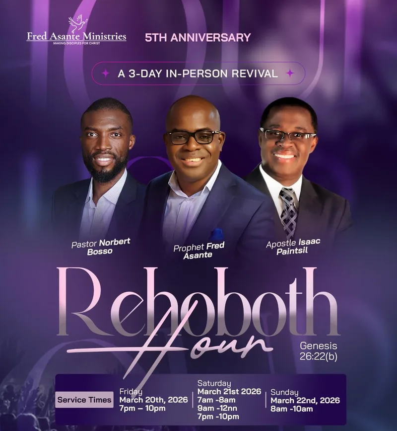 Flyer: Fred Asante Ministries 5th Anniversary, a 3-day in-person revival hosted by Rehoboth Hour, with Pastor Norbert Bosso, Prophet Fred Asante and Apostle Isaac Paintsil, 20 to 22 March 2026