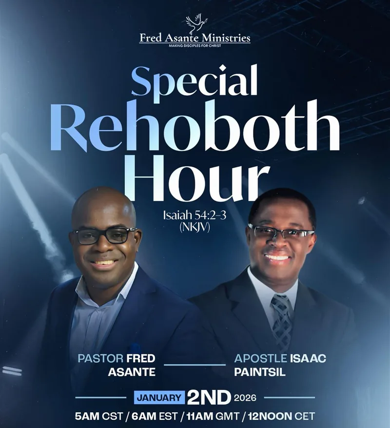 Flyer: Special Rehoboth Hour with Pastor Fred Asante and Apostle Isaac Paintsil, Friday 2 January 2026 at 6:00 AM Eastern, Isaiah 54:2-3